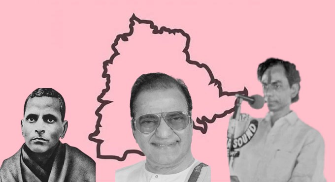 पोट्टी श्रीरामुलू, एन. टी. रामाराव, तेलंगणा राष्ट्रसमिती चे अध्यक्ष के. चंद्रशेखर राव 